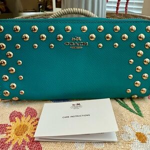 Coach Turquoise and Gold Studded Clutch Wallet Leather